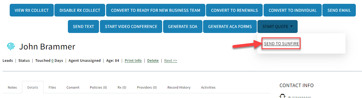 Screenshot showing how to start a SunFire quote on a Sales Record