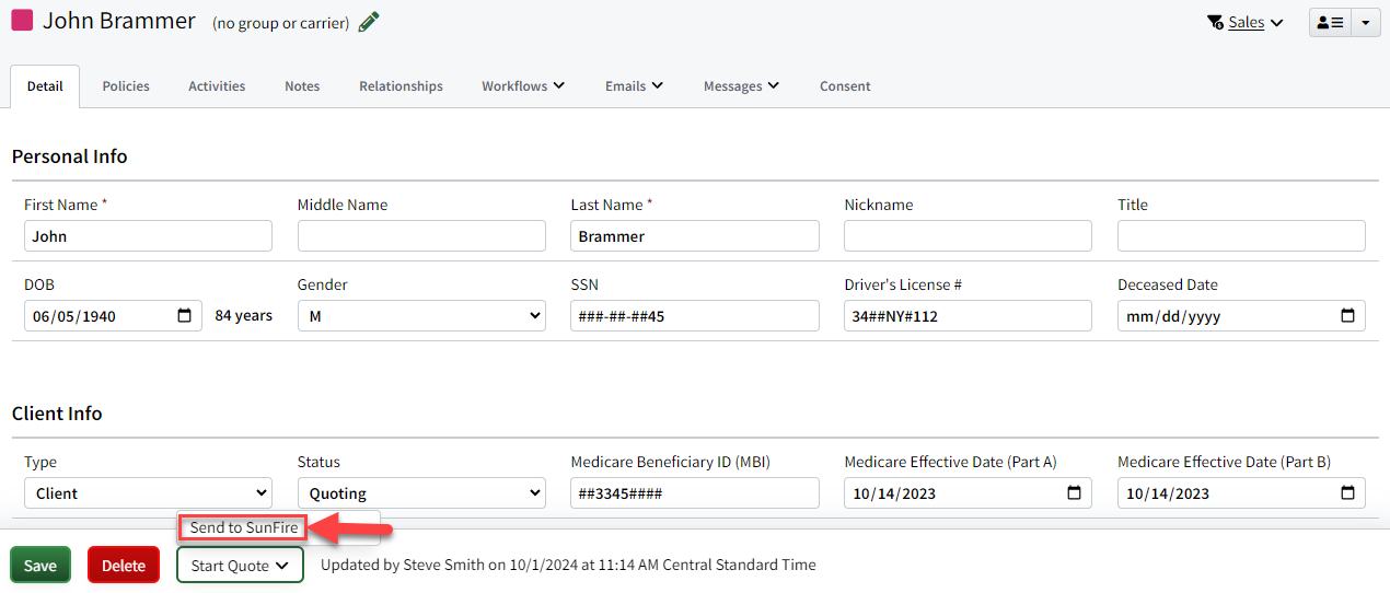 Screenshot showing how to start a SunFire quote on an Individual Record