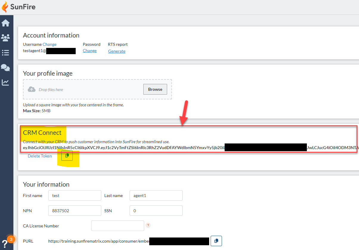 Screenshot showing where to find the CRM Connect Code in the SunFire application