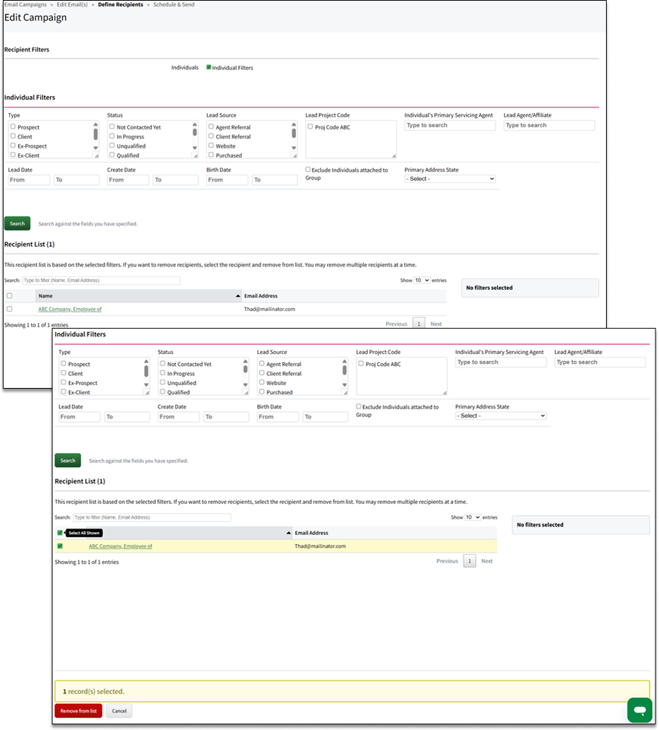Screenshot showing the Email Marketing recipient filtering page before the changes