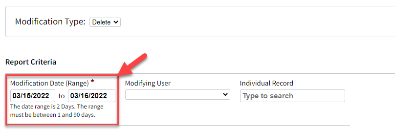 Screenshot showing the report's Modification Date filter