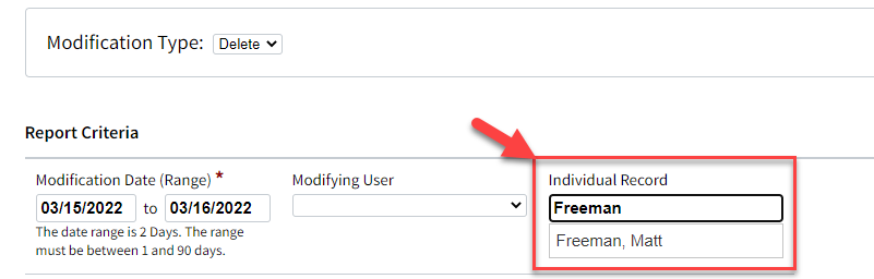 Screenshot showing how to search for deleted Individuals