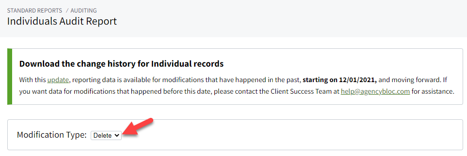 Screenshot showing the Delete Modification Type