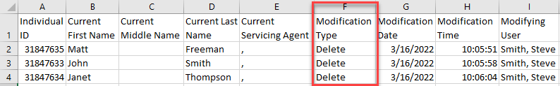 Screenshot showing deleted Individuals in the report output