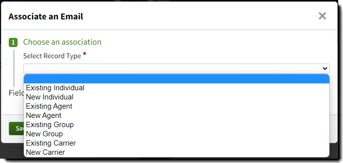 Screenshot showing the email association modal