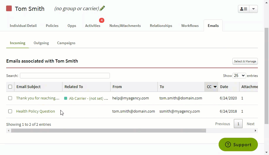 Animated image showing how to change an email's association