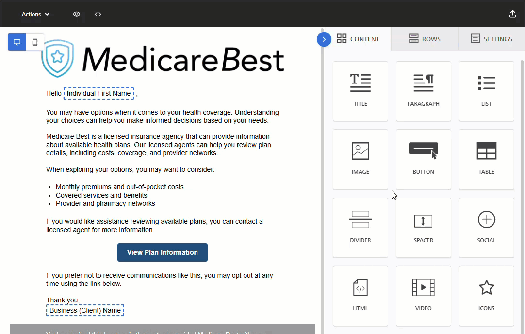 Animated image showing how to drag and drop content blocks into an email using the Enhanced Email Editor