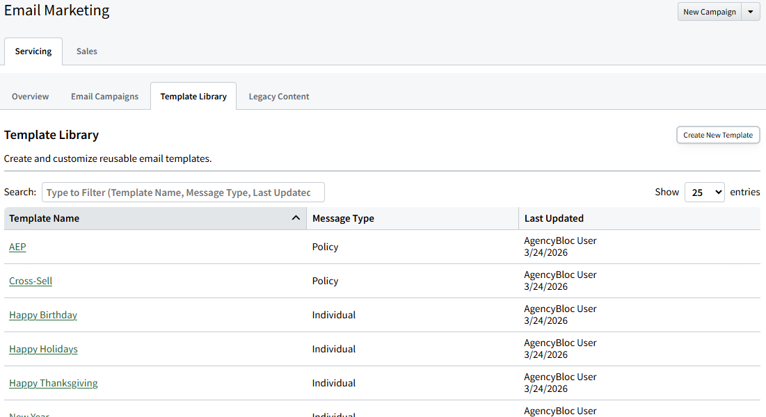 Screenshot showing the Template Library tab in Email Marketing