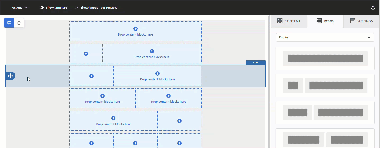 Animated image showing how to move a row in the Enhanced Email Editor