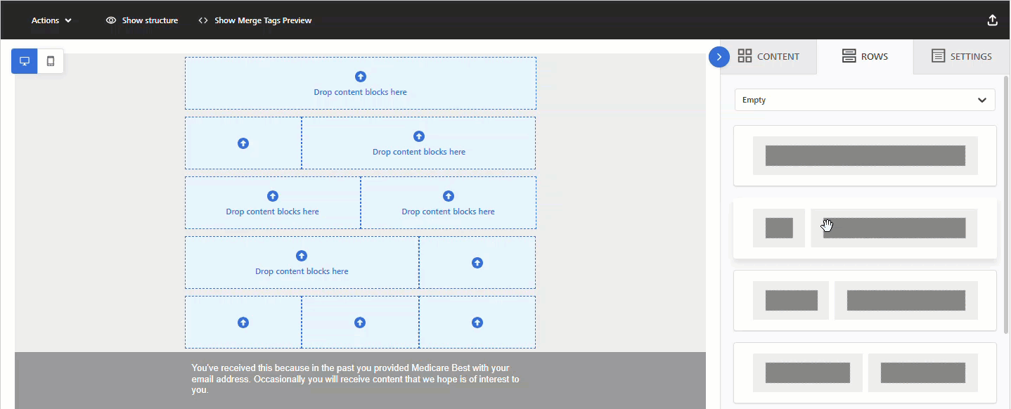 Animated image showing how to add an empty row in the Enhanced Email Editor