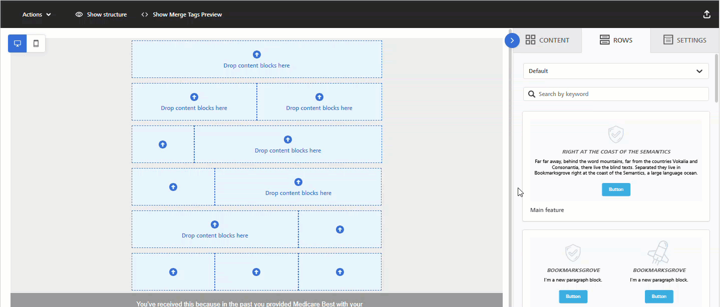 Animdated image showing how to add a default row in the Enhanced Email Editor