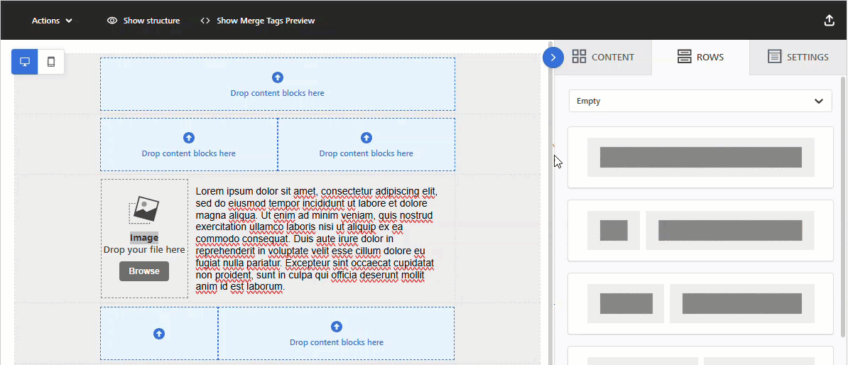 Animated image showing how to copy a row in the Enhanced Email Editor