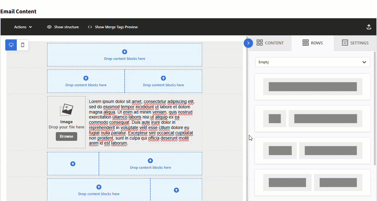 Animated image showing how to save a row in the Enhanced Email Editor