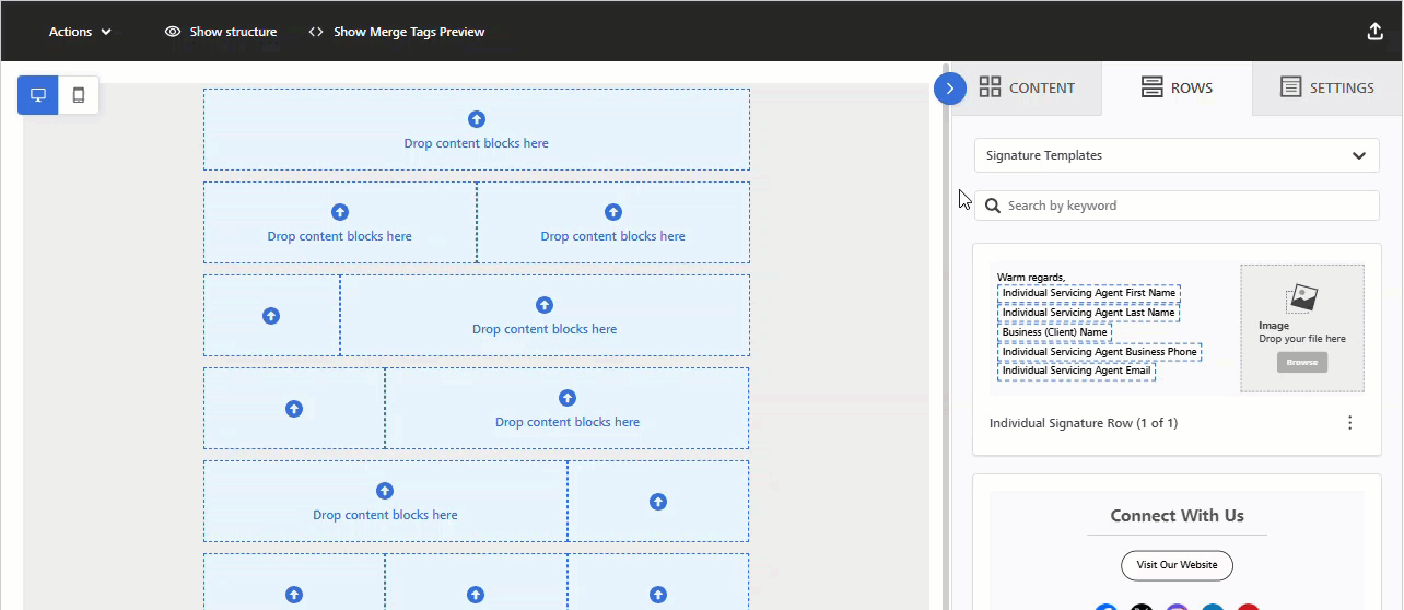 Animated image showing how to add a signature template in the Enhanced Email Editor