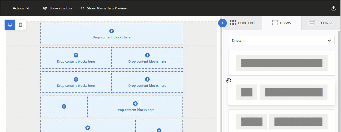 Animated image showing how to add a saved row in the Enhanced Email Editor