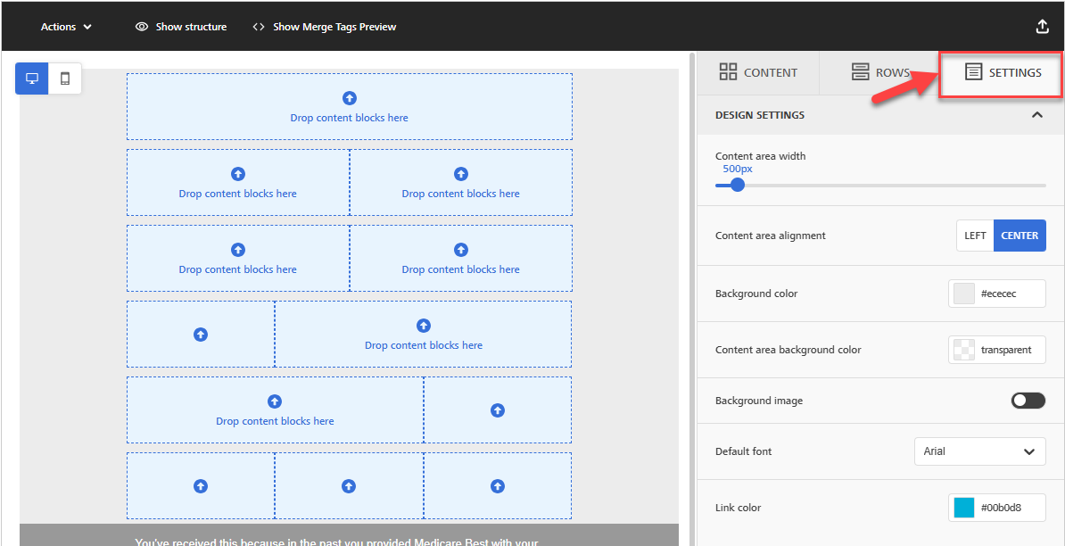 Screenshot showing the Settings section in the Enhanced Email Editor