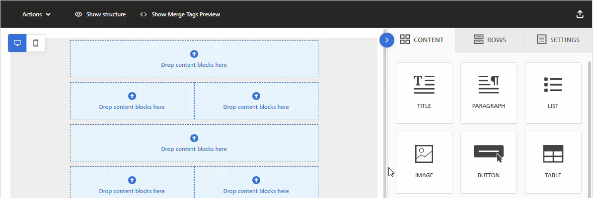 Animated image showing how to add a Button content block in the Enhanced Email Editor