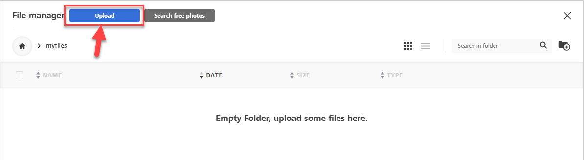 Screenshot showing how to upload a file from your computer to the Enhanced Email Editor's file manager