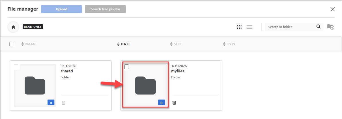 Screenshot showing how to navigaet to the myfiles section of the Enhanced Email Editor's file manager