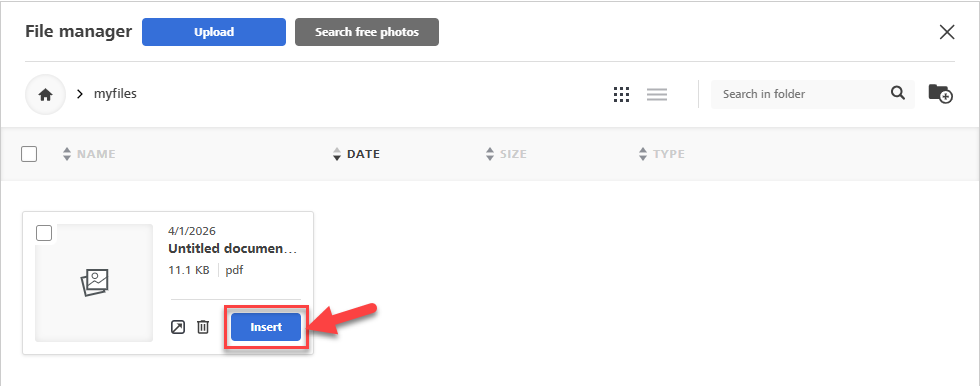 Screenshot showing how to insert a file from the Enhanced Email Editor's file manager into the email