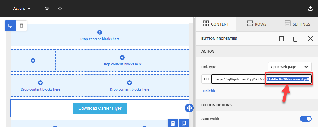 Screenshot showin the file name in the Button content block's URL field in the Enhanced Email Editor