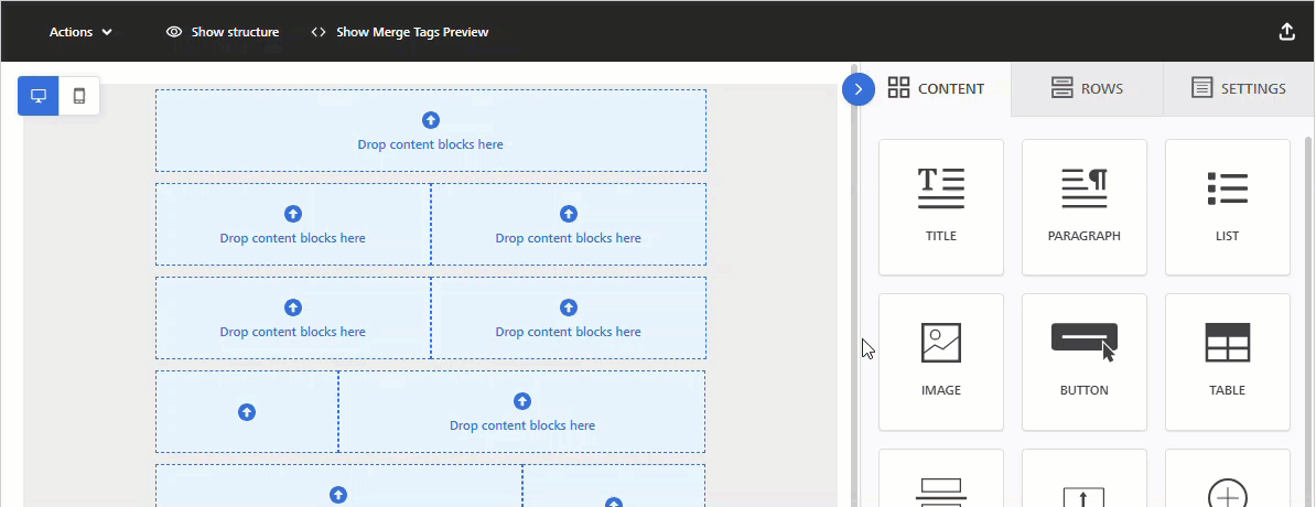 Animated image showing how to add content blocks in the Enhanced Email Editor