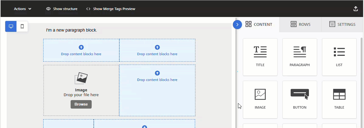 Animated image showing how to delete a content block in the Enhanced Email Editor