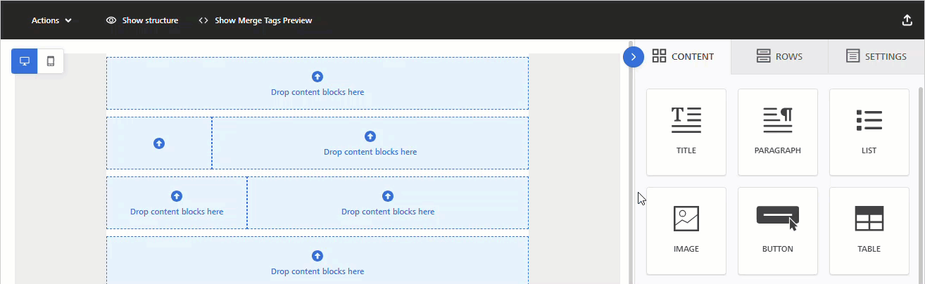 Animated image showing how to delete a row in the Enhanced Email Editor