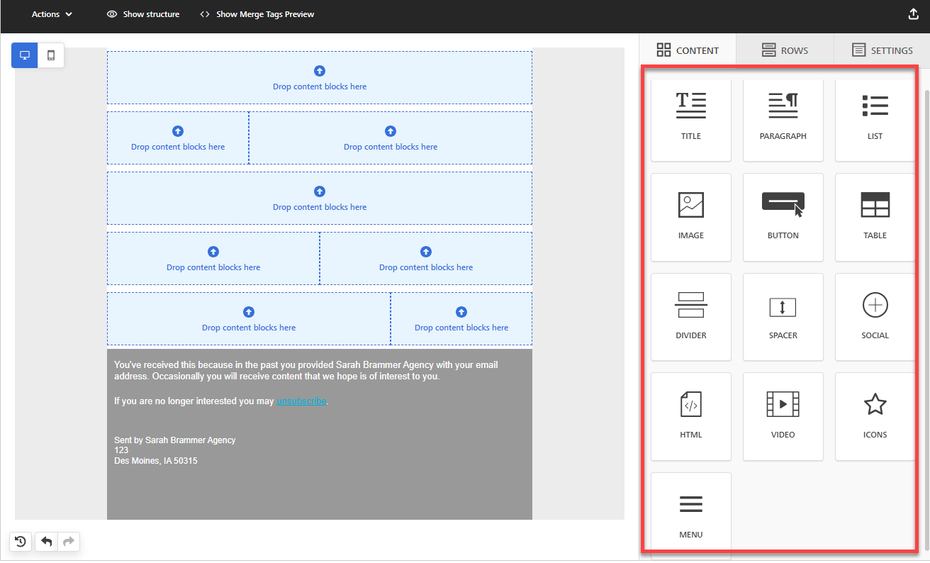 Screenshot showing content blocks in the Enhanced Email Editor