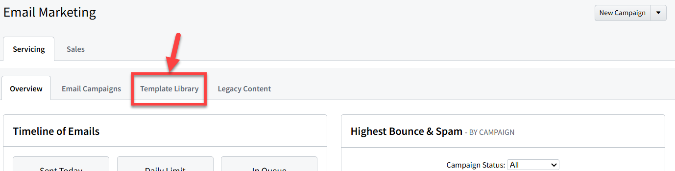 Screenshot showing how to navigate to the Template Library tab in Email Marketing