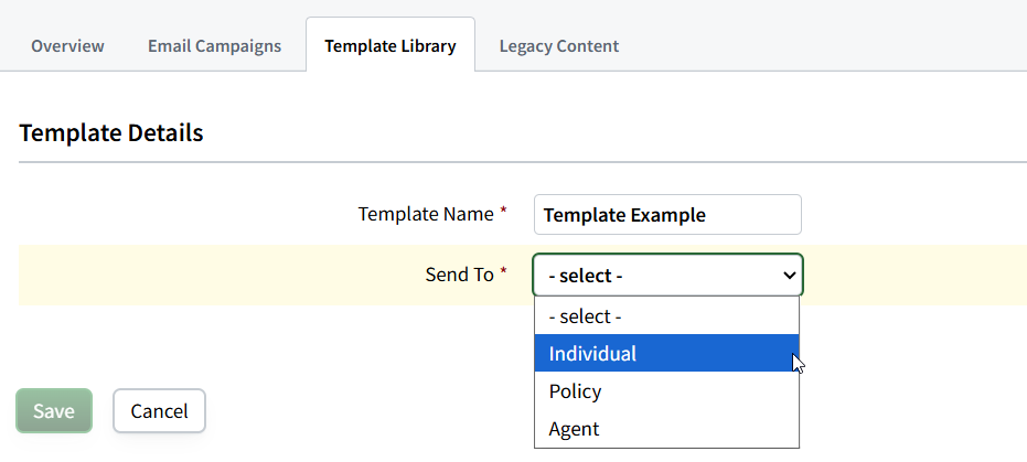 Screenshot showing the Templates Details section of an email template