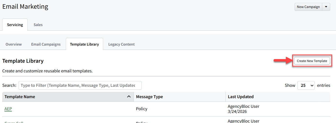 Screenshot showing how to create a new email template from the Template Library tab in Email Marketing