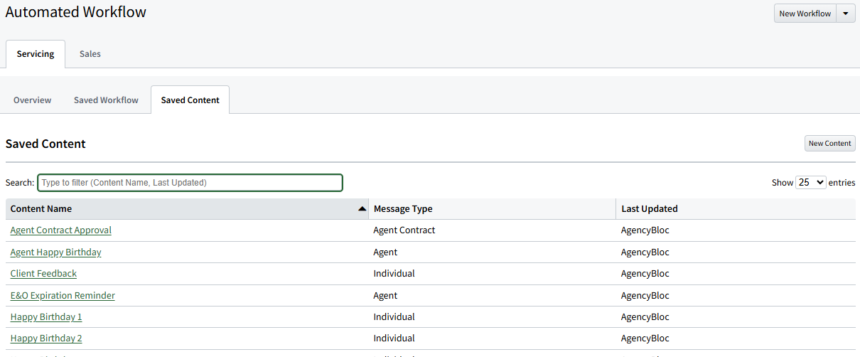 Screenshot showing the Saved Content tab in Automated Workflow