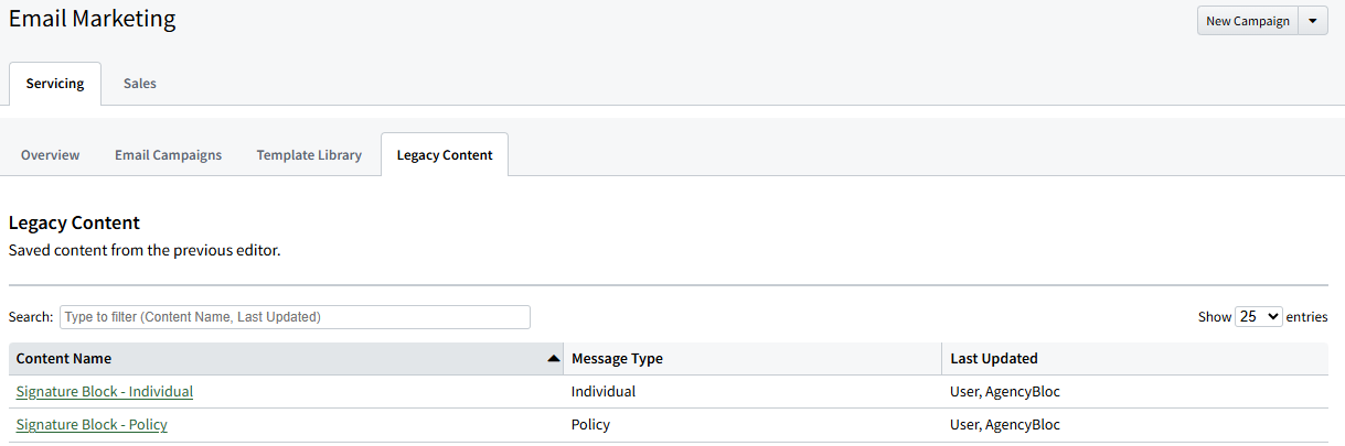 Screenshot showing the Legacy Content tab in Email Marketing