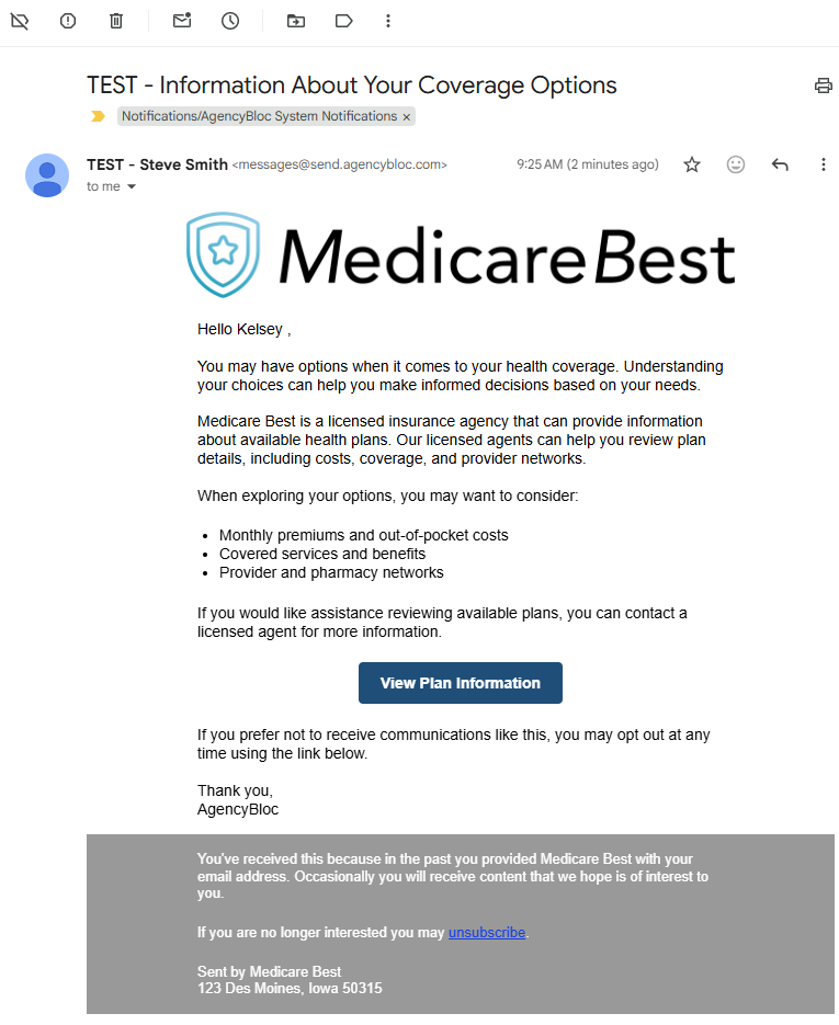 Screenshot showing an example of a test email from AMS+ Email Marketing