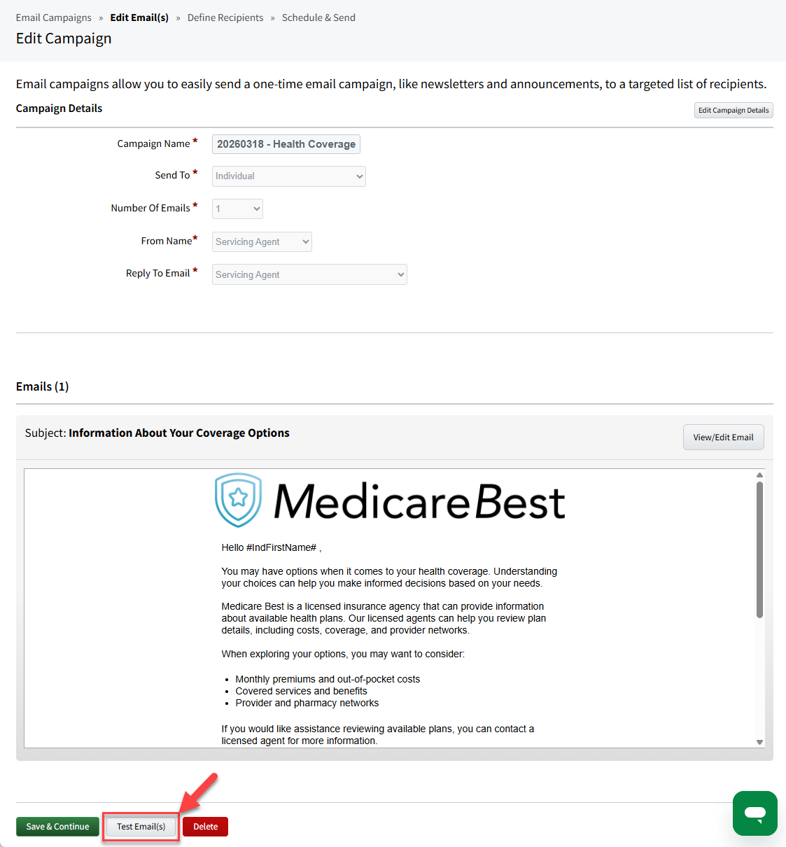 Screenshot showing how to send a test email for an Email Marketing campaign