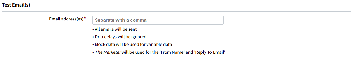 Screenshot showing how to email addresses to receive a test email