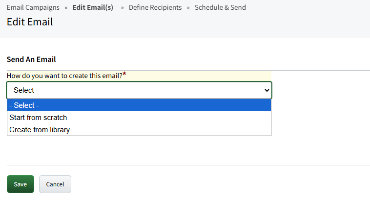 Screenshot showing how to create a new Email Marketing campaign