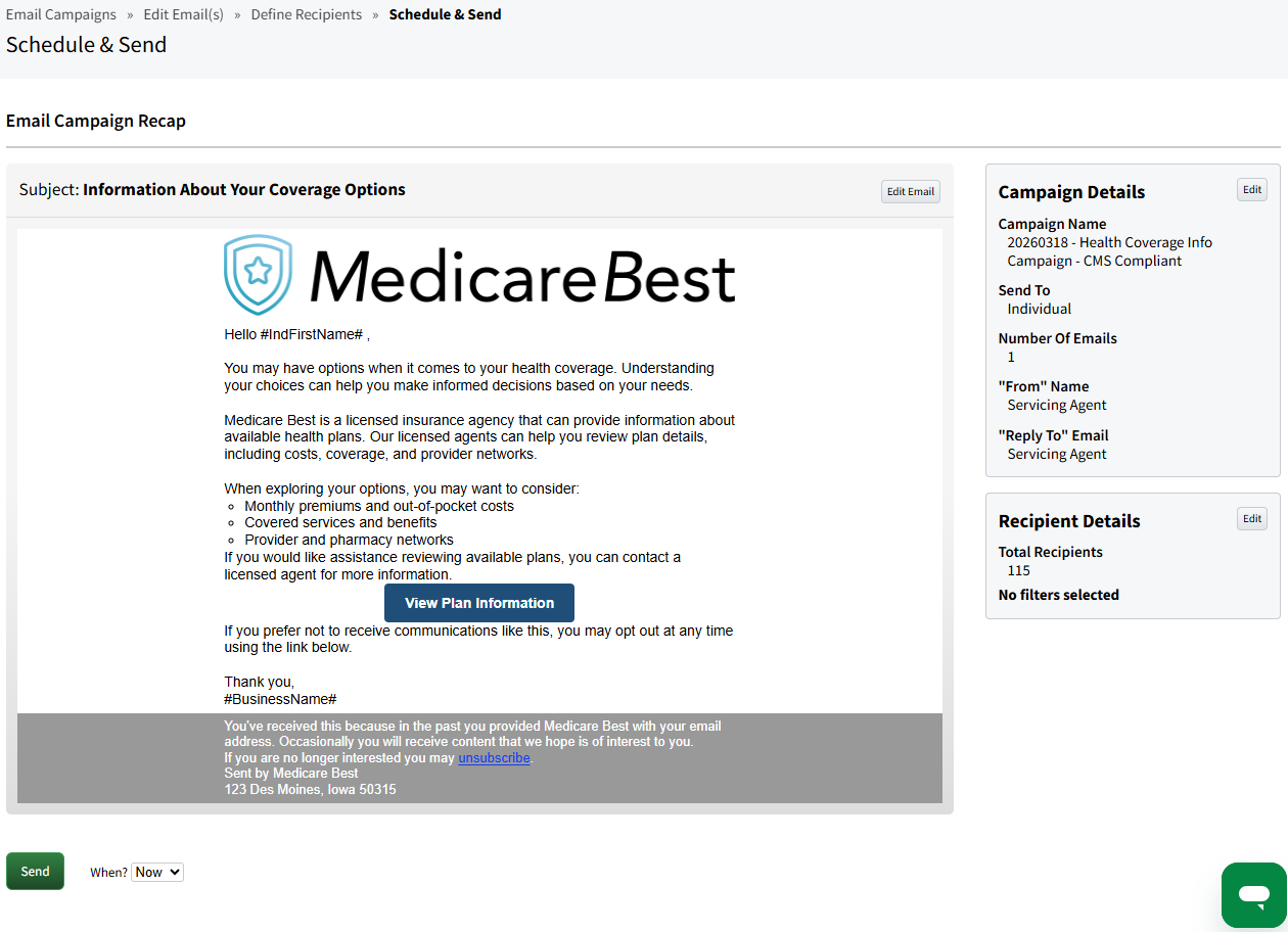 Screenshot showing the campaign recap screen before scheduling to send