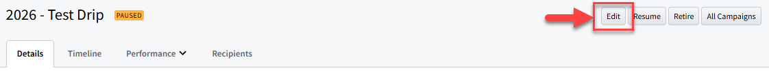 Screenshot showing how to edit a paused email campaign