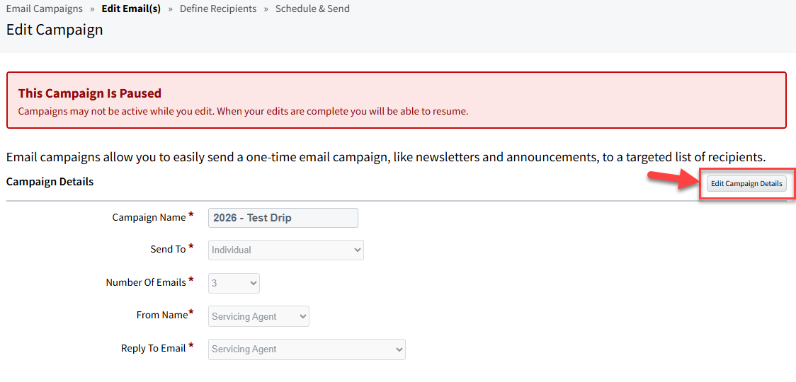 Screenshot showoing how to edit a paused campaign's campaign details