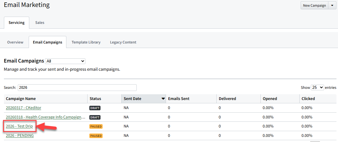 Screenshot showing how to select an existing paused email campaign in the Email Campaigns list view and edit