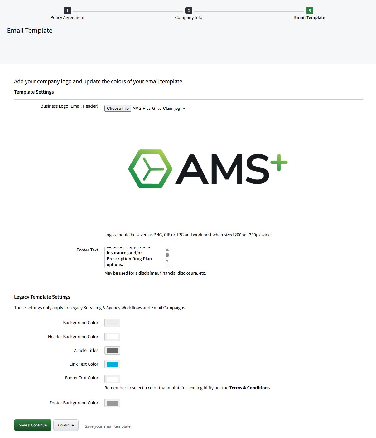 Screenshot showing where to upload company logo, footer text, and template colors during activation