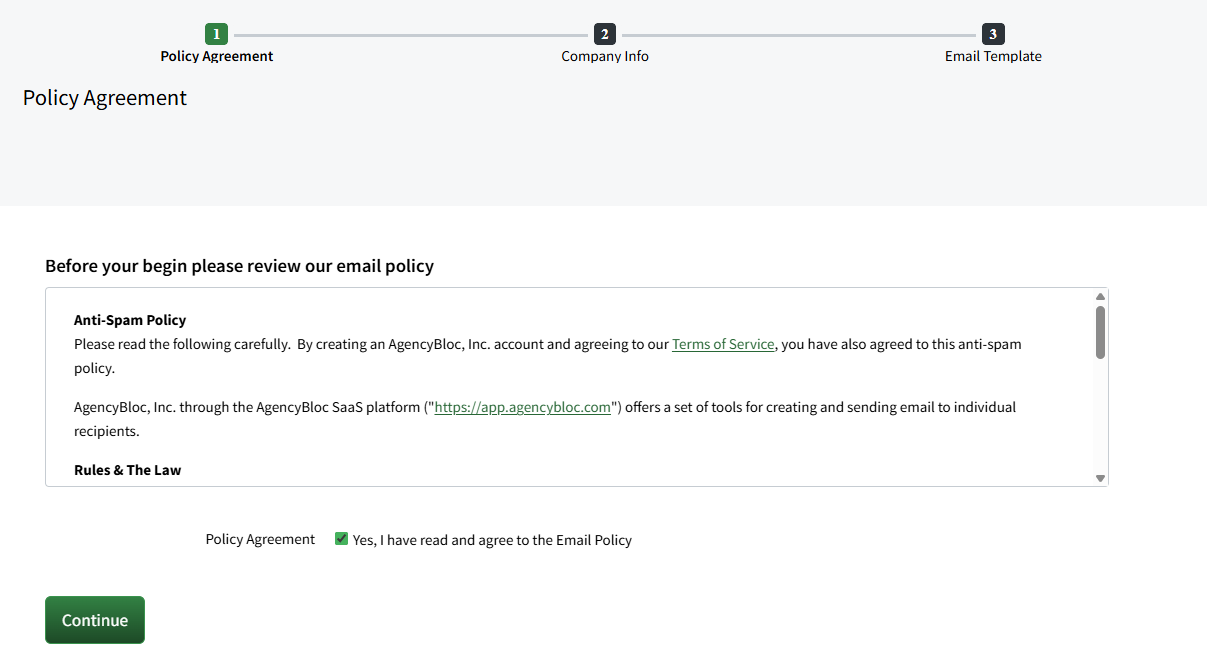 Screenshot showing the policy agreement and terms and conditions of sending emails through AMS+ during activation