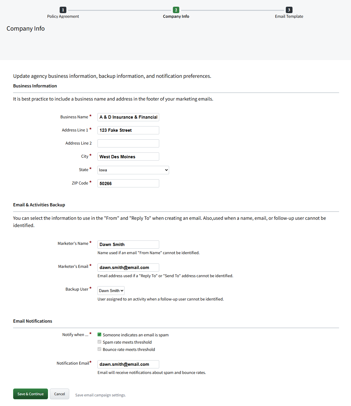 Screenshot showing where to enter business information, backup information, and notification preferences during activation