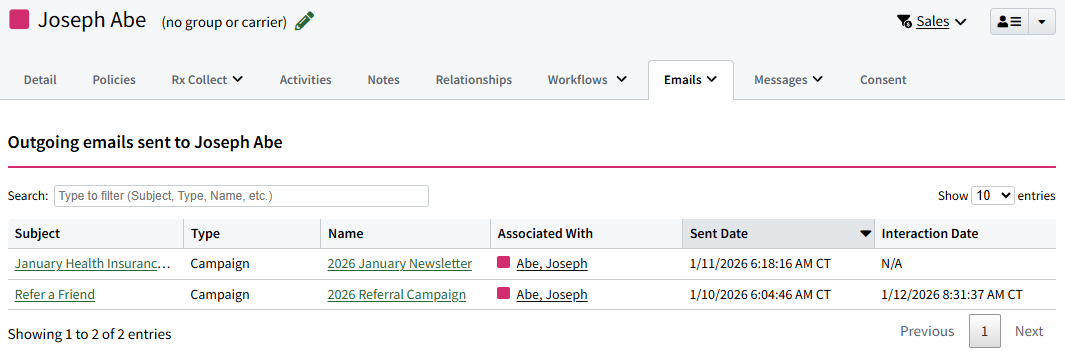 Screenshot showing the Outgoing emails tab on an Individual Record