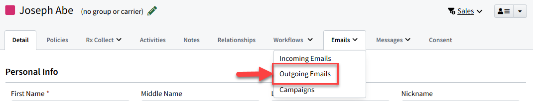 Screenshot showing how to navigate to the Outgoing emails tab on an Individual Record