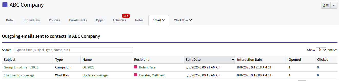 Screenshot showing the Outgoing emails tab on a Group Record