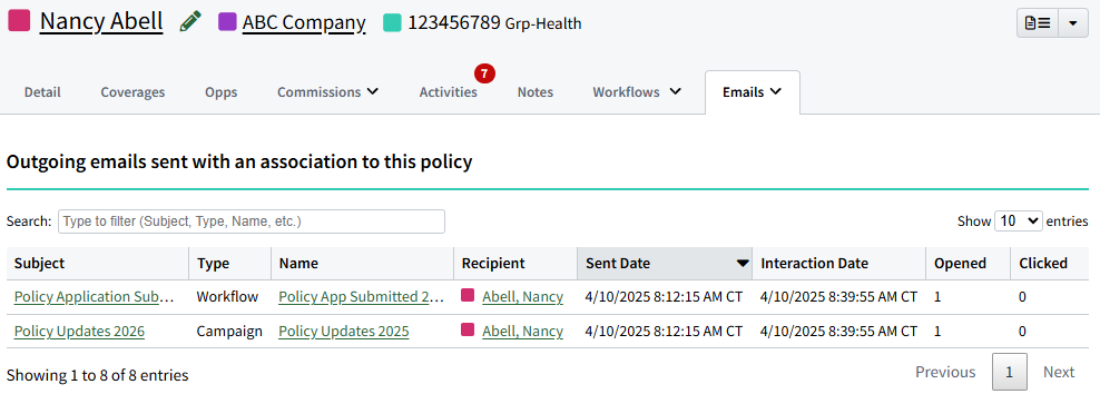 Screenshot showing the Outgoing emails tab on a Policy Record