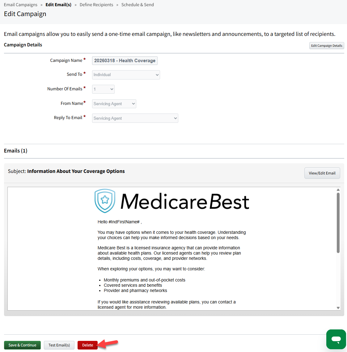 Screenshot showing how to delete an email campaign
